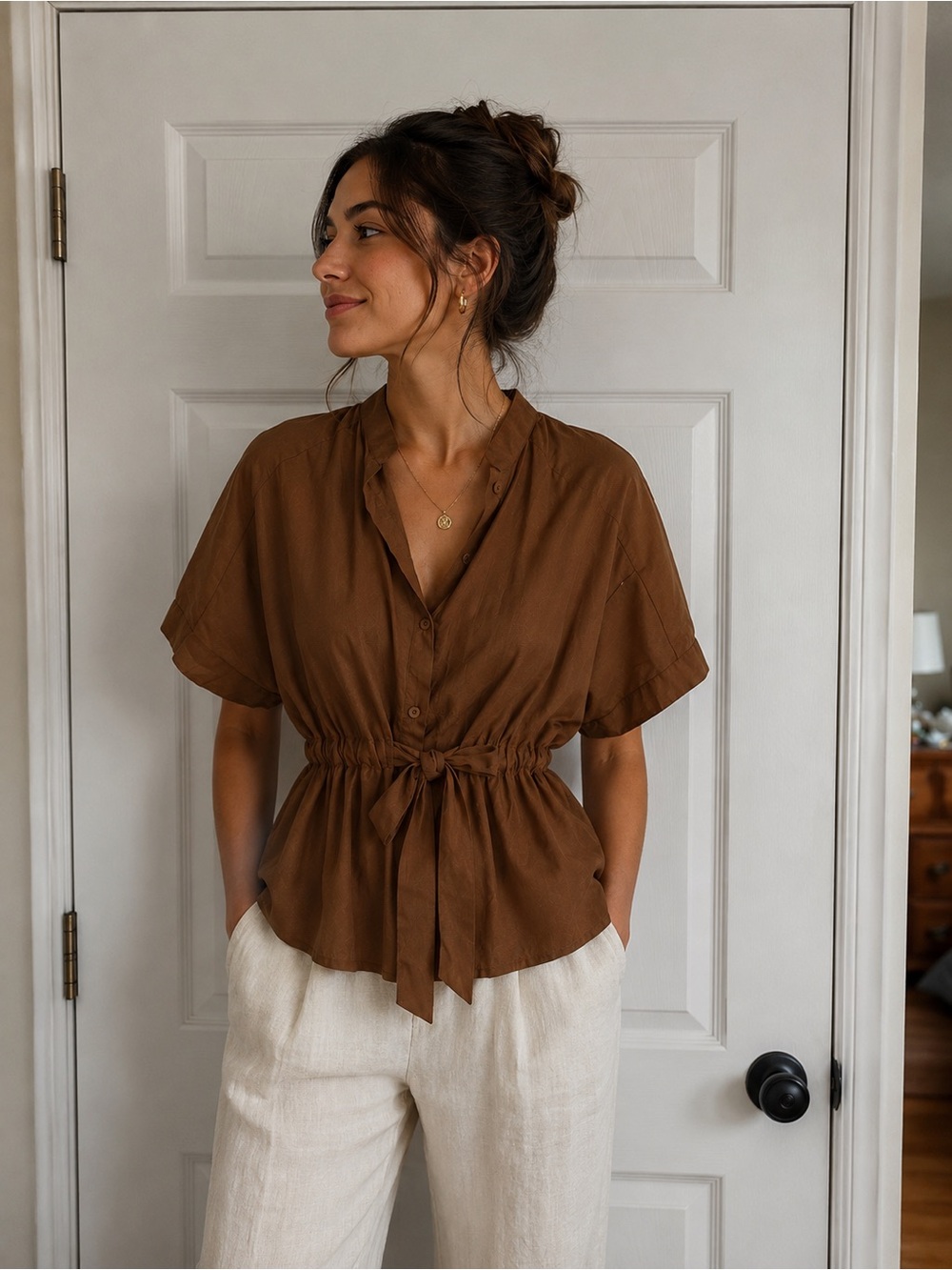 Woven Tie-Waist Short Sleeve Top - Brown